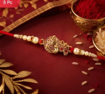 Golden Peacock Rakhi Pearl Beads & Red Thread for Brother on Raksha Bandhan (5pcs)