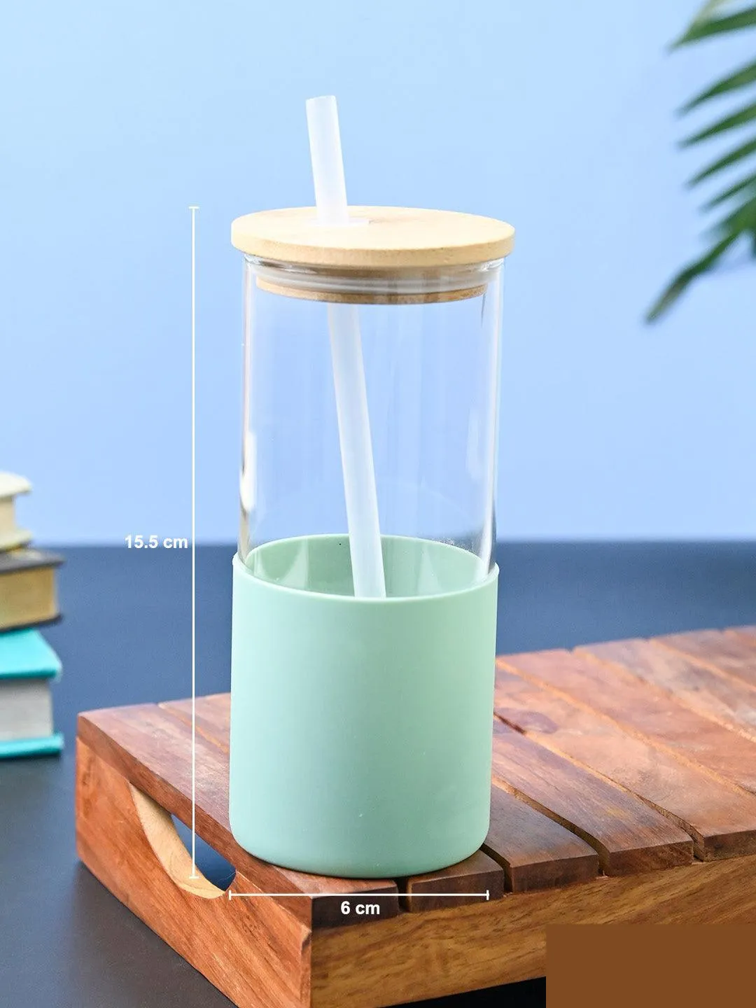 Green Borosilicate Glass Sipper With Straw - 350 Ml - Detailed Feature View 6