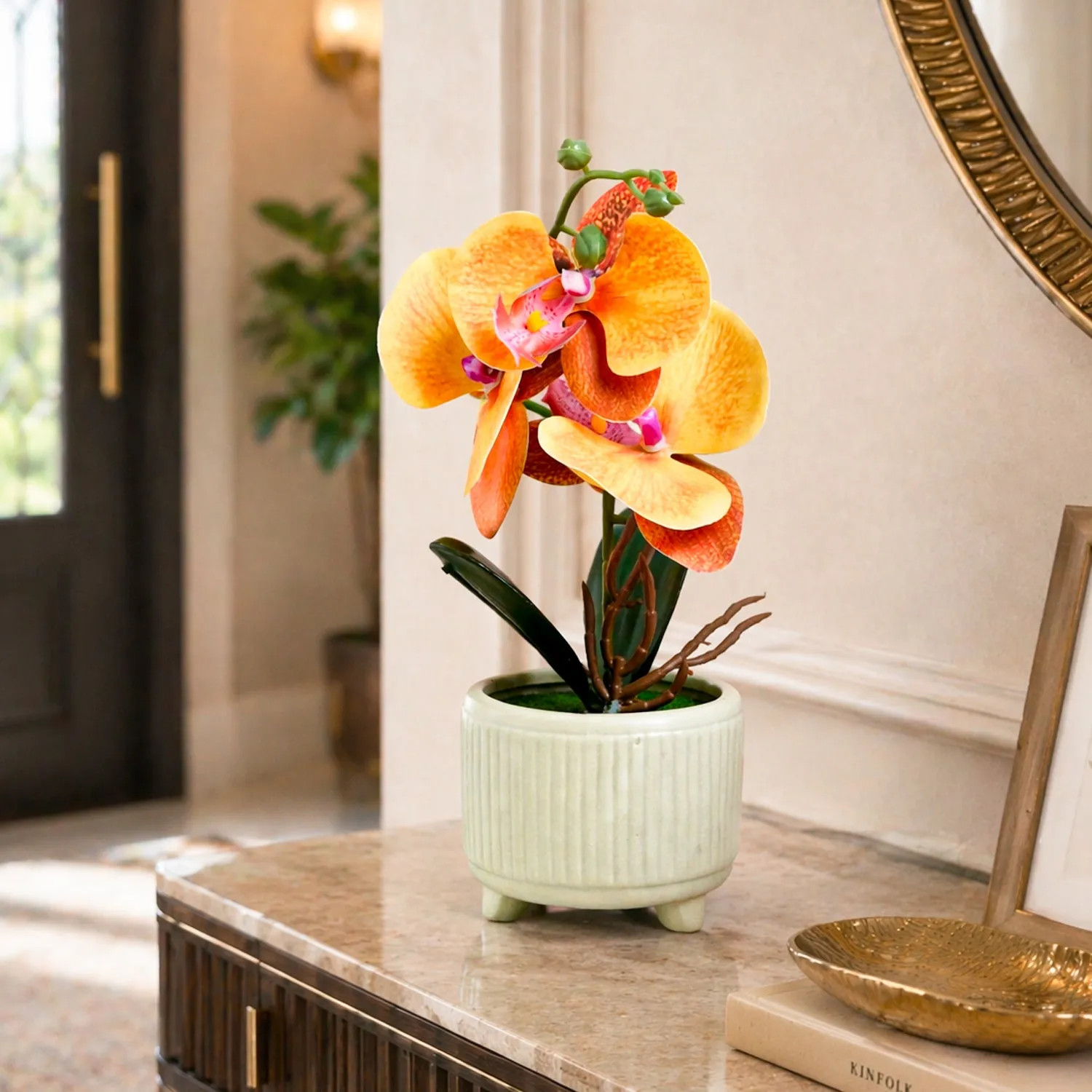 Green & Yellow Orchid Flowers With White Pot - Detailed Feature View 2