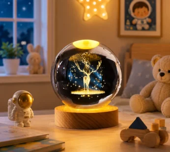 3D Crystal Deer LED Night Lamp with Wooden Base USB Table Decor Light