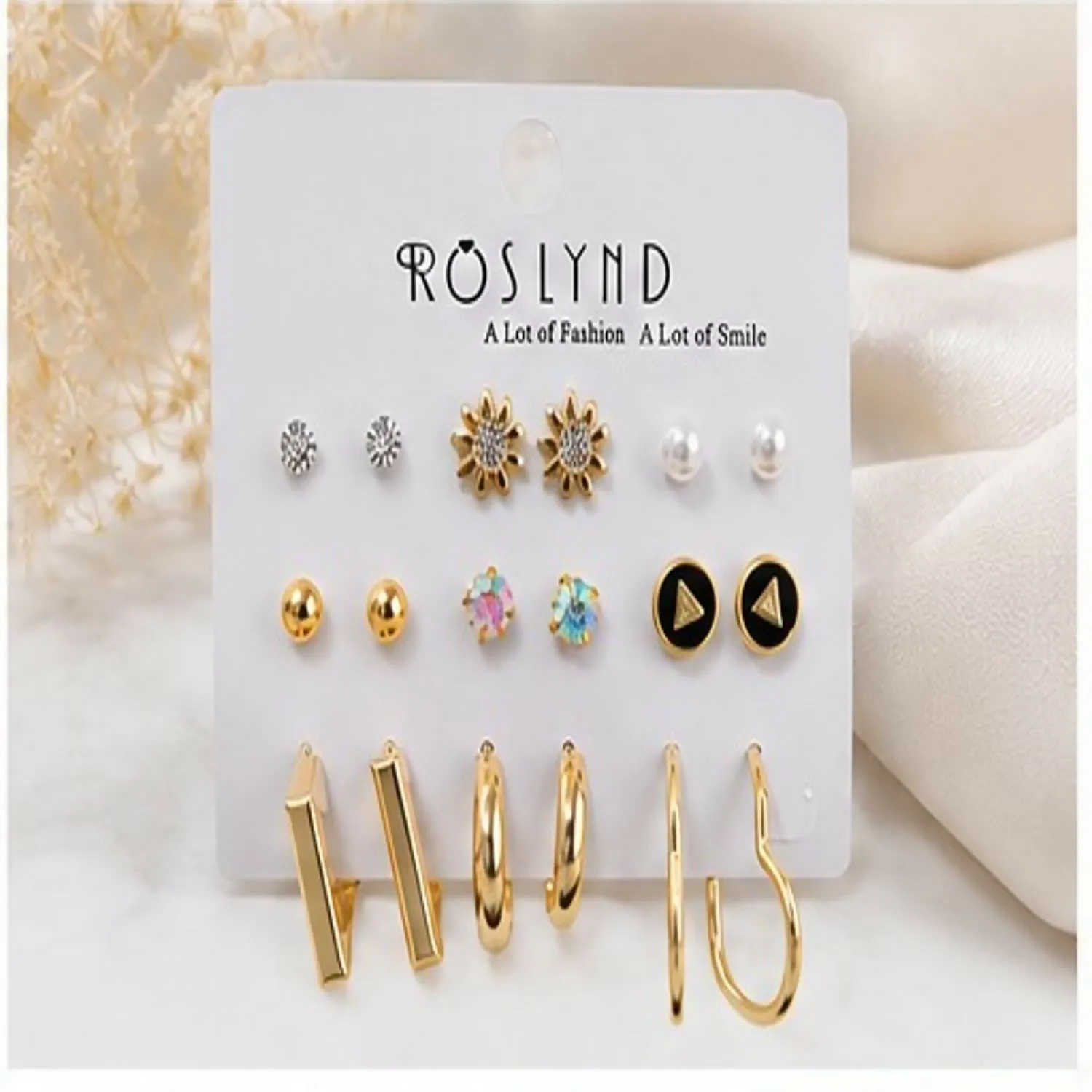 12 Pair Gold Plated Stud & Hoop Earrings Set for Women Girls Fashion Jewelry Gift