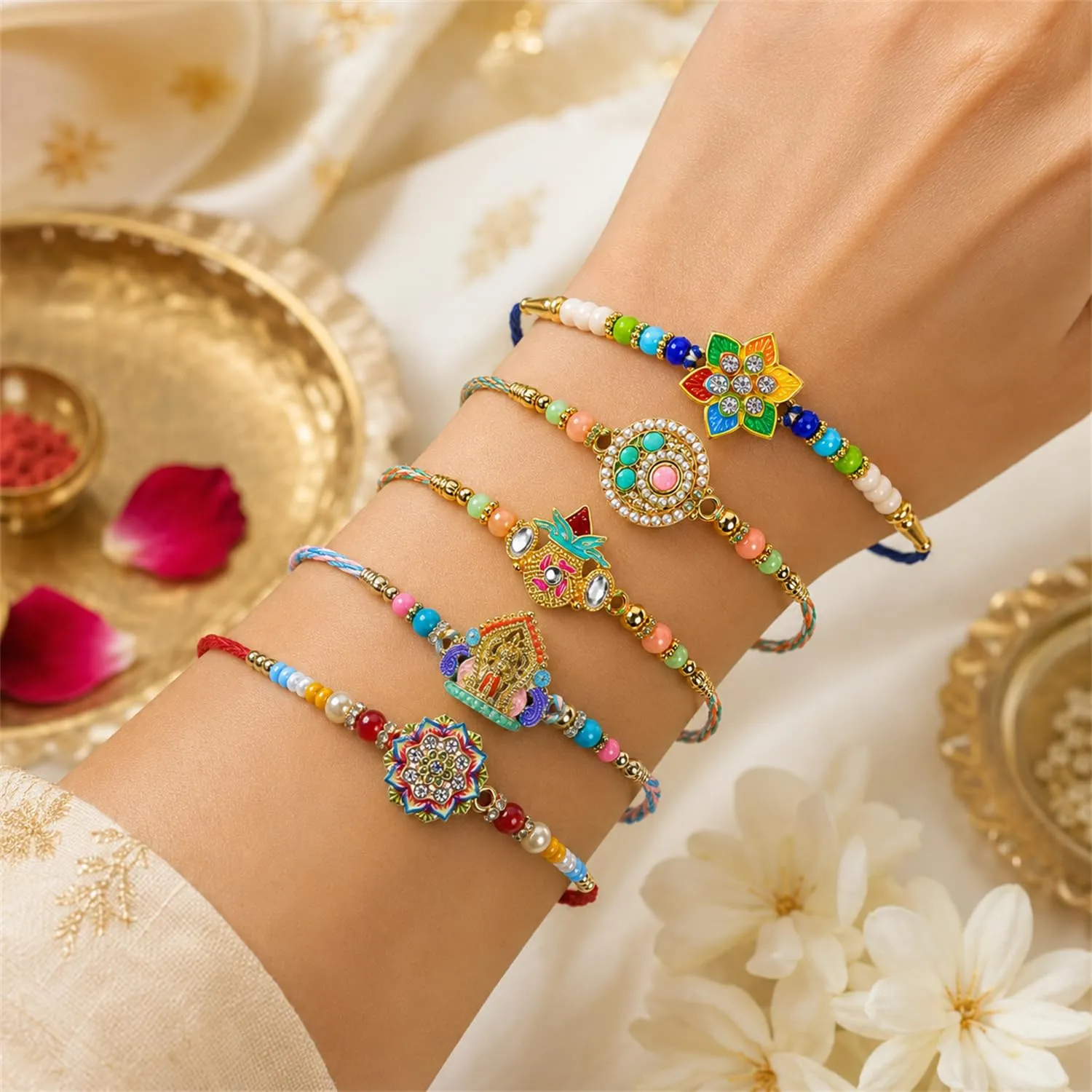Premium Handcrafted Artistic Rakhi for Brother with Roli Tikka & Greeting Card, Pack of 8 - Buy Online at Alikart