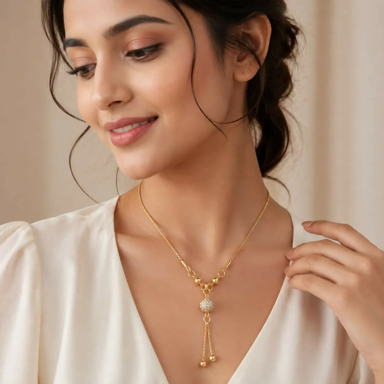 Gold Tone Crystal Ball Tassel Pendant Necklace for Women Elegant Fashion Jewelry Chain - Detailed Feature View 1