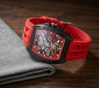 Red Skeleton Dial Watch for Men Tonneau Shape Racing Style Analog Silicone Strap
