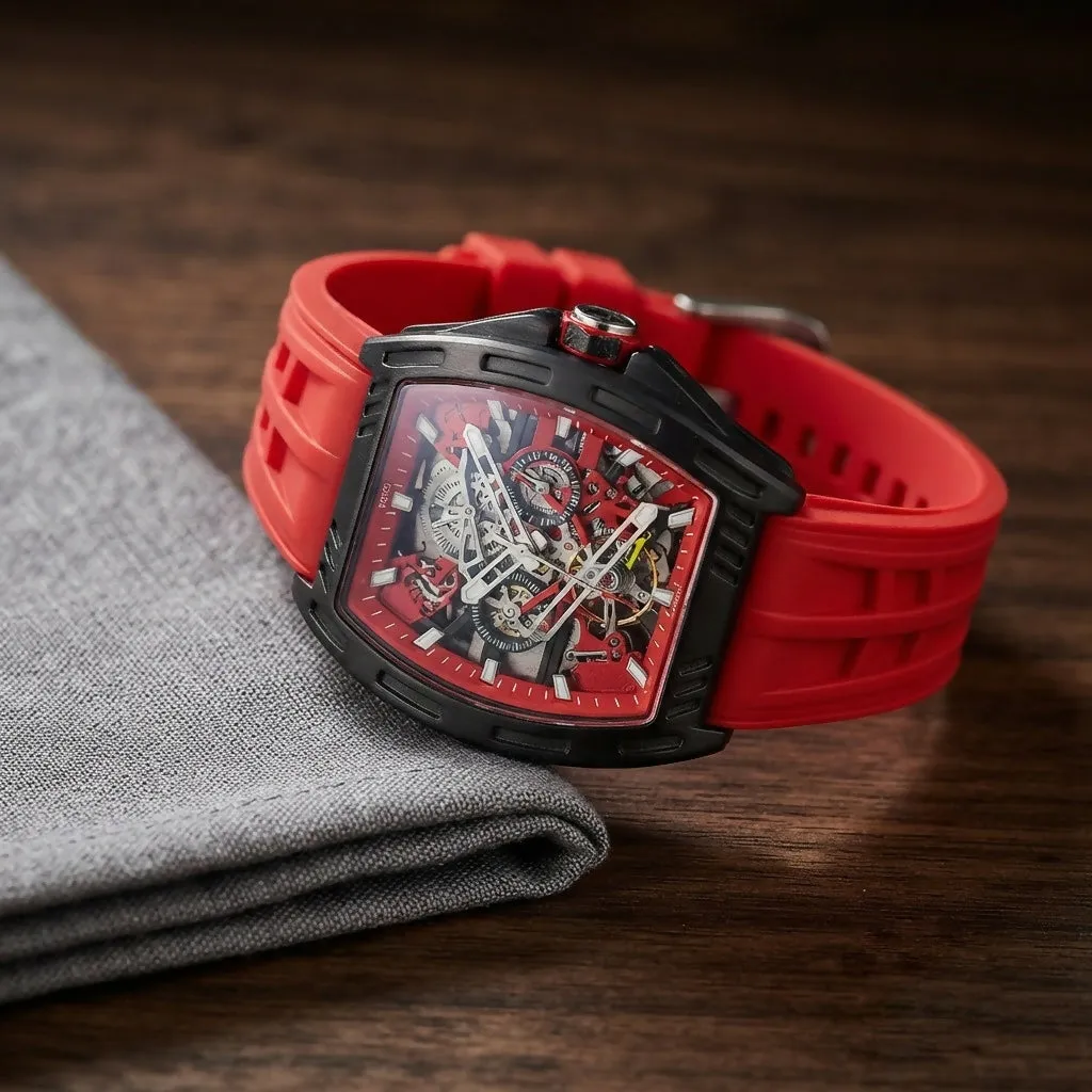 Premium Red Skeleton Dial Watch for Men Tonneau Shape Racing Style Analog Silicone Strap - Buy Online at Alikart