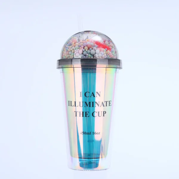Double Layer Portable Cute Water Cup – LED Light Sipper with Straw | Leak-Proof & Travel-Friendly