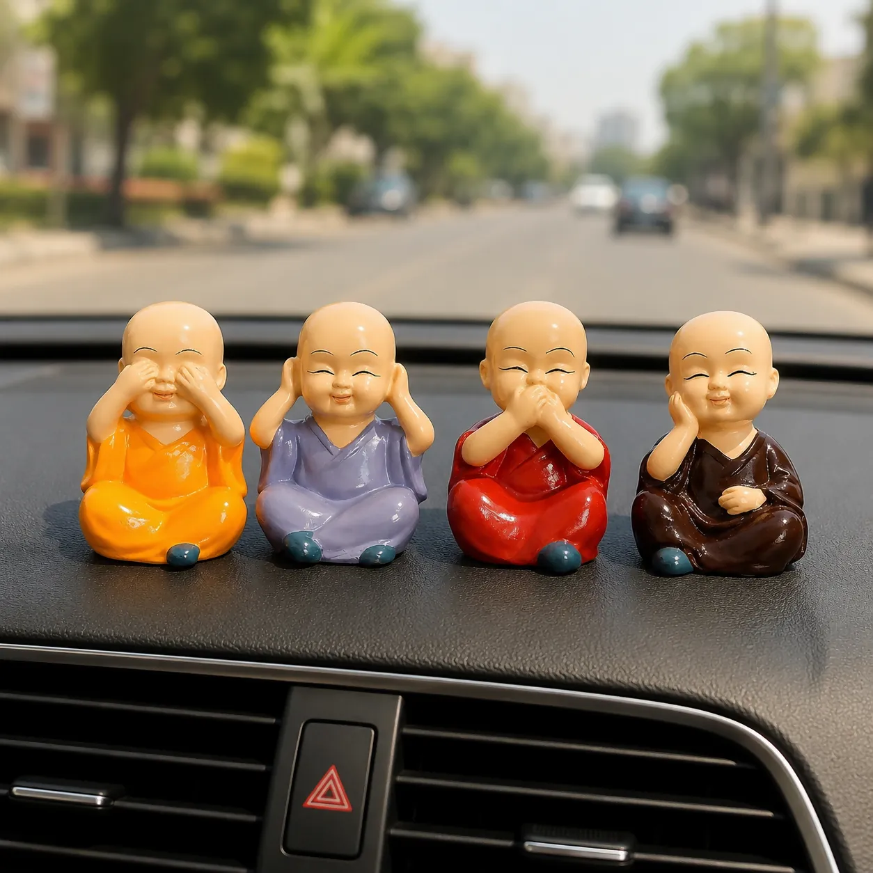 Set of 4 Cute Mini Monk Showpieces for Home Decor, Car Dashboard & Desk - Detailed Feature View 1