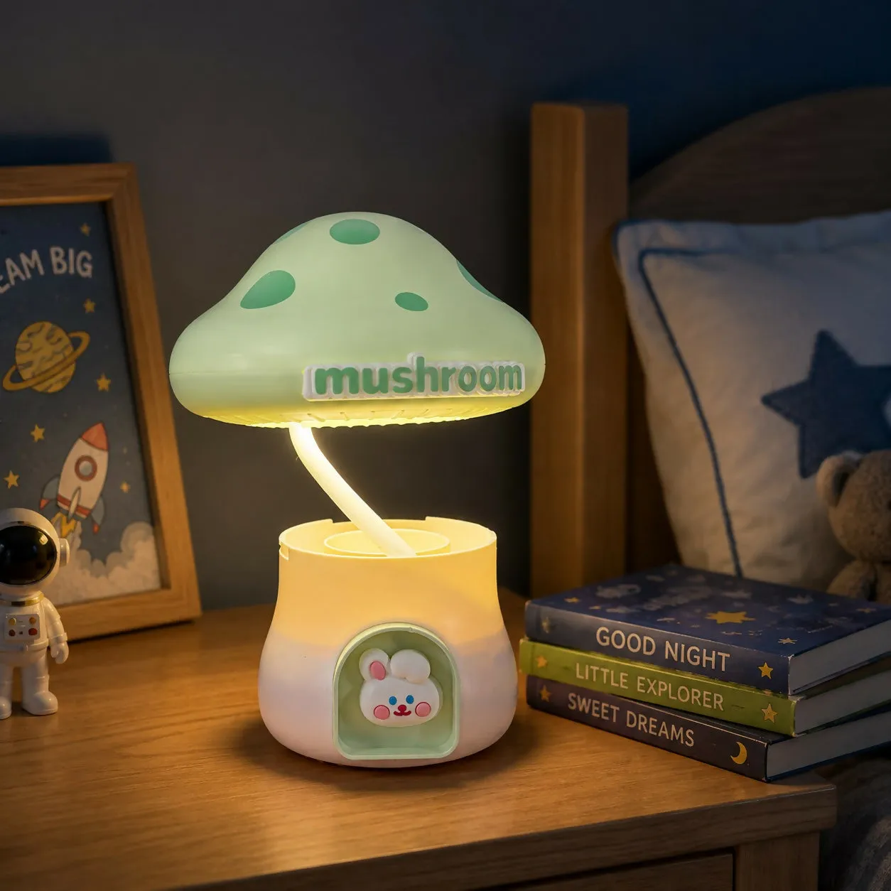 Green Cute Mushroom LED Study Lamp with USB Rechargeable Pencil Holder - Detailed Feature View 1