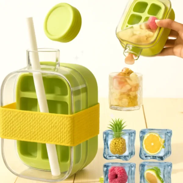 500ml Ice Cube Bottle – 2-in-1 Ice Cube Tray & Water Bottle with Straw (Random Color-Pack of 1)