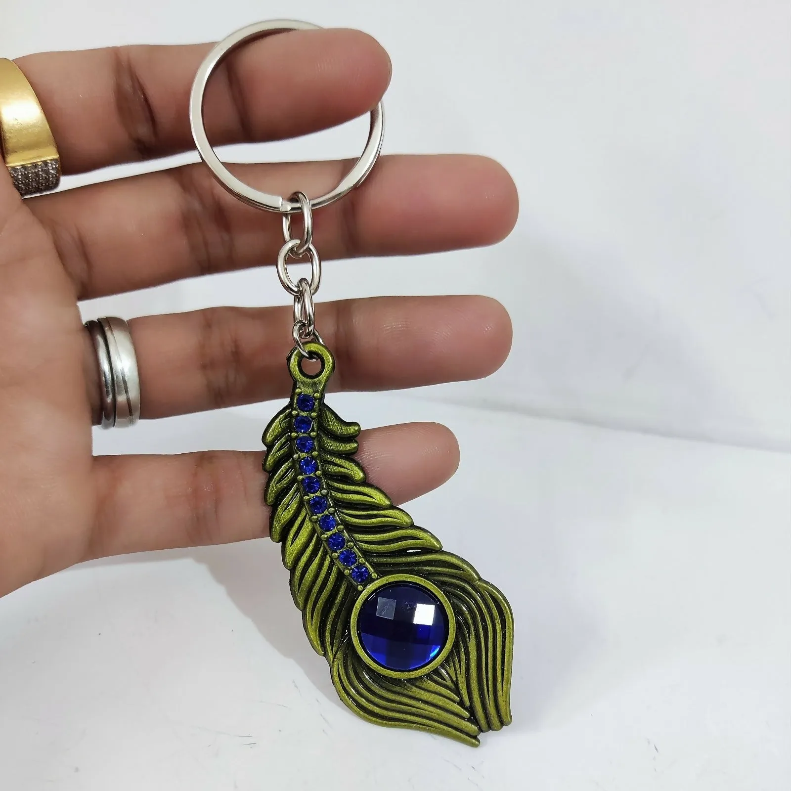 Blue Stone Peacock Feather Keychain with Silver Tone Decorative Design - Detailed Feature View 8