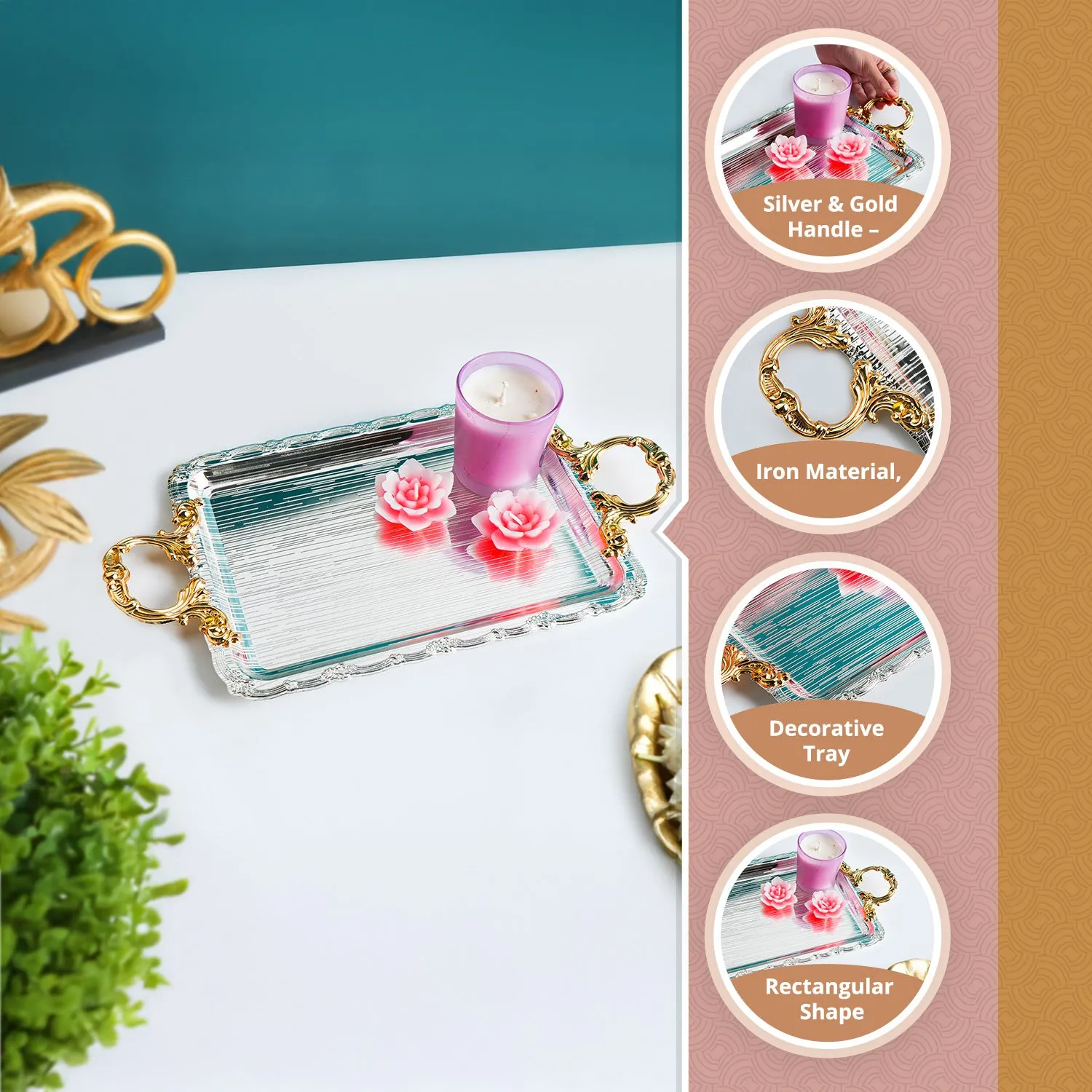 Premium Iron Decorative Tray with Silver & Gold Handle - Buy Online at Alikart