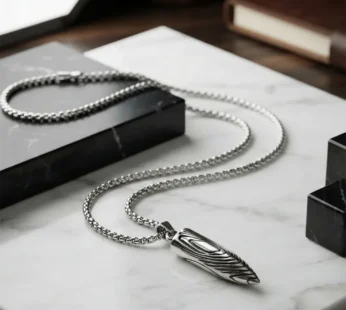 Silver Wolf Tooth Pendant Necklace for Men with Box Chain Textured Spike Neckpiece