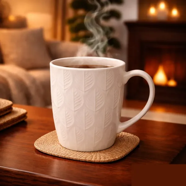Ivory Ceramic Mug – 360Ml, Leaf Pattern