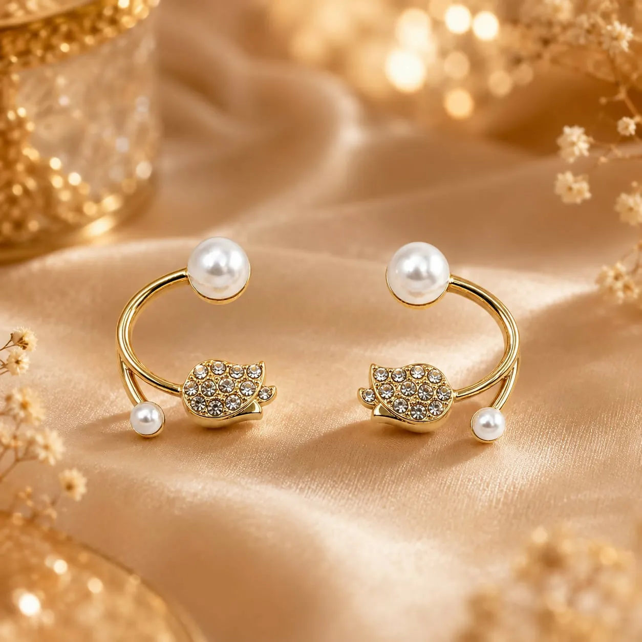 Premium Gold-Tone Pearl & Crystal Tulip Ear Cuff Earrings for Women Elegant Floral Open Hoop Statement Earrings - Buy Online at Alikart