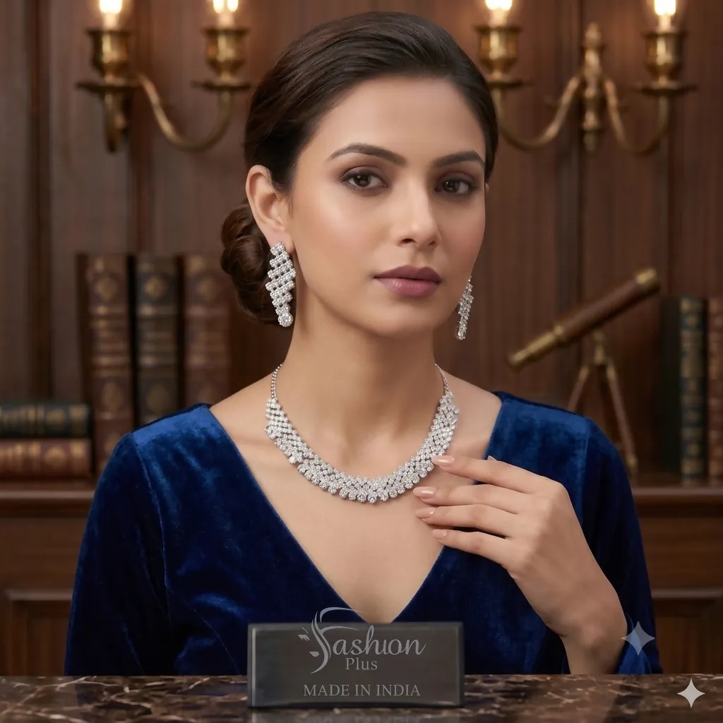 Sparkling American Diamond Silver-Plated Bridal Jewellery Set | Festive and Party Wear Necklace Set - Detailed Feature View 4