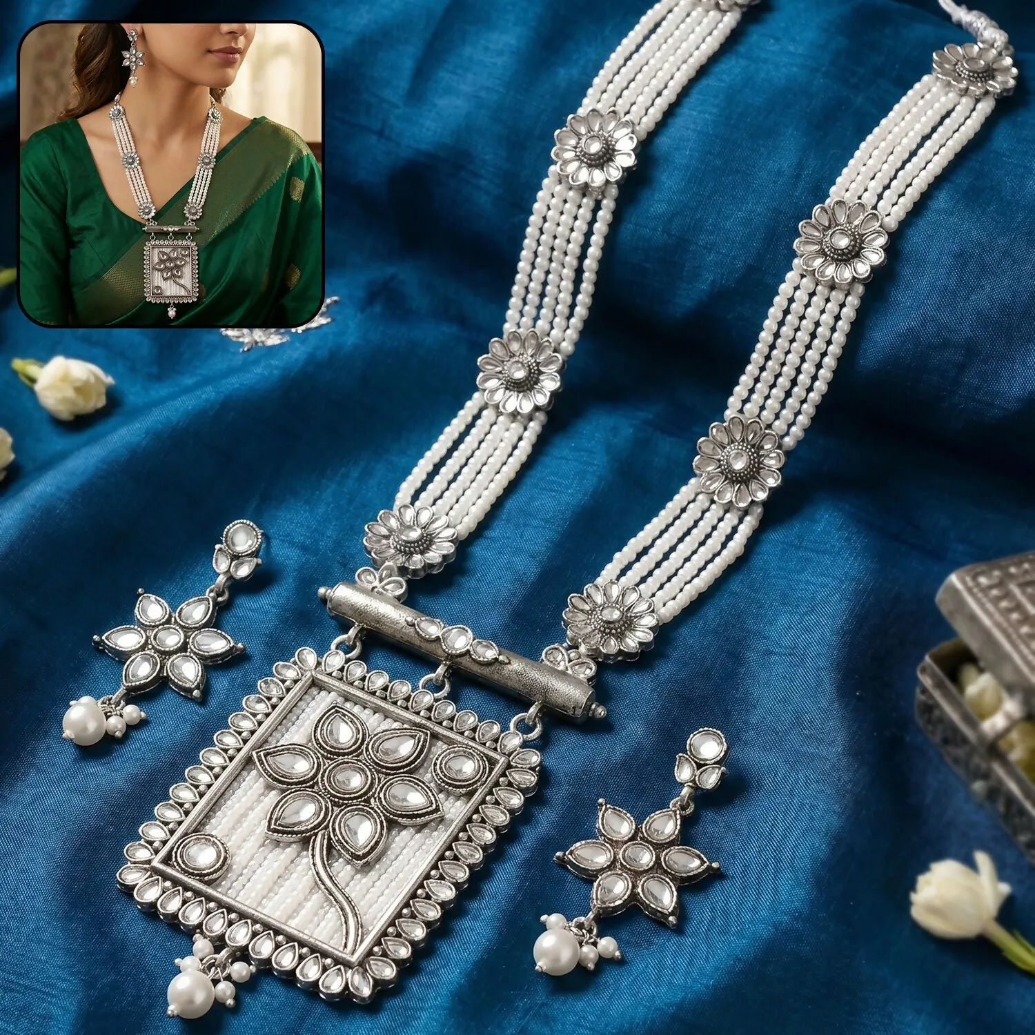 Premium Silver & Pearl Necklace Set – Elegant Floral Pendant & Earrings - Buy Online at Alikart