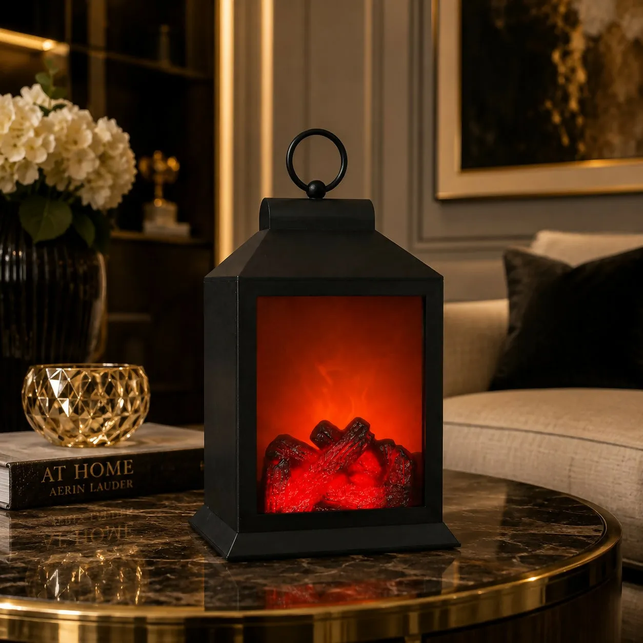 Premium LED Fireplace Lantern with Realistic Flame Effect, Black Decorative Lamp - Buy Online at Alikart