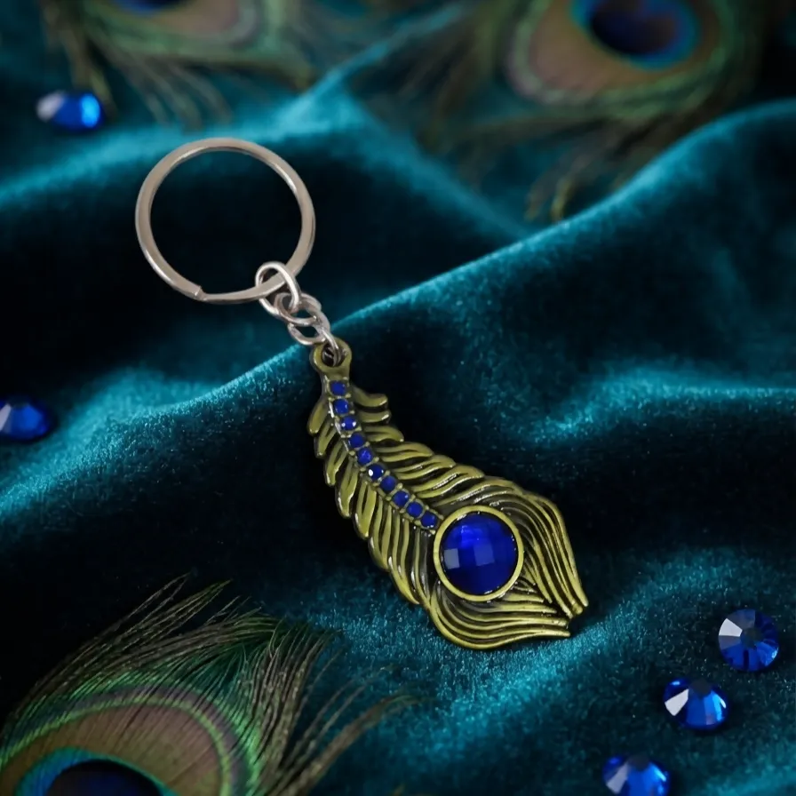 Blue Stone Peacock Feather Keychain with Silver Tone Decorative Design - Detailed Feature View 1