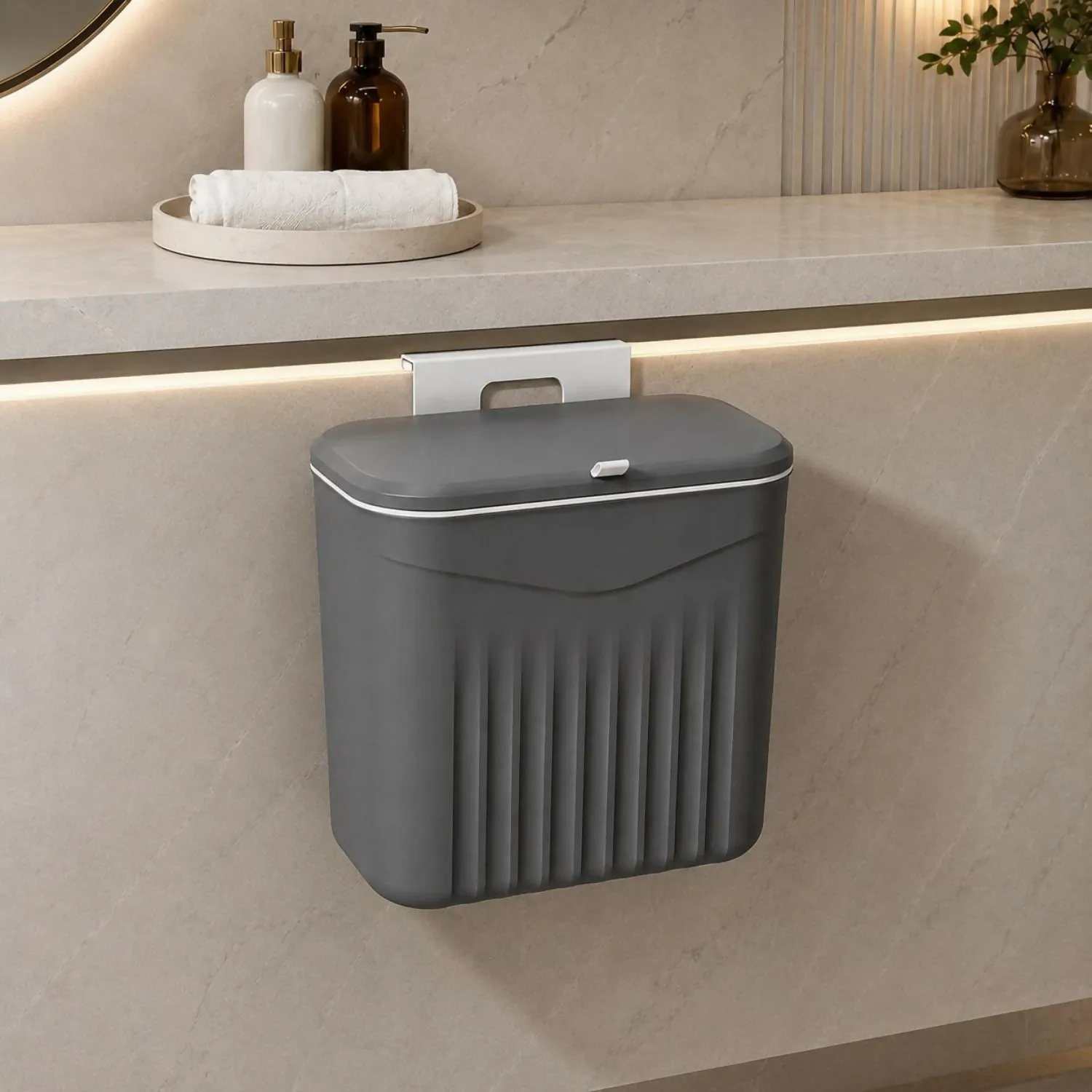 Premium Hanging Dustbin with Lid Wall Mounted Kitchen Cabinet Door Trash Can Waste Bin Grey - Buy Online at Alikart