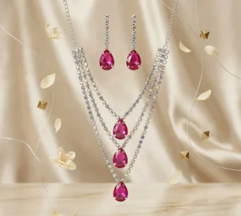 Pink Teardrop Crystal Layered Necklace & Earrings Set Silver Bridal Party Jewellery