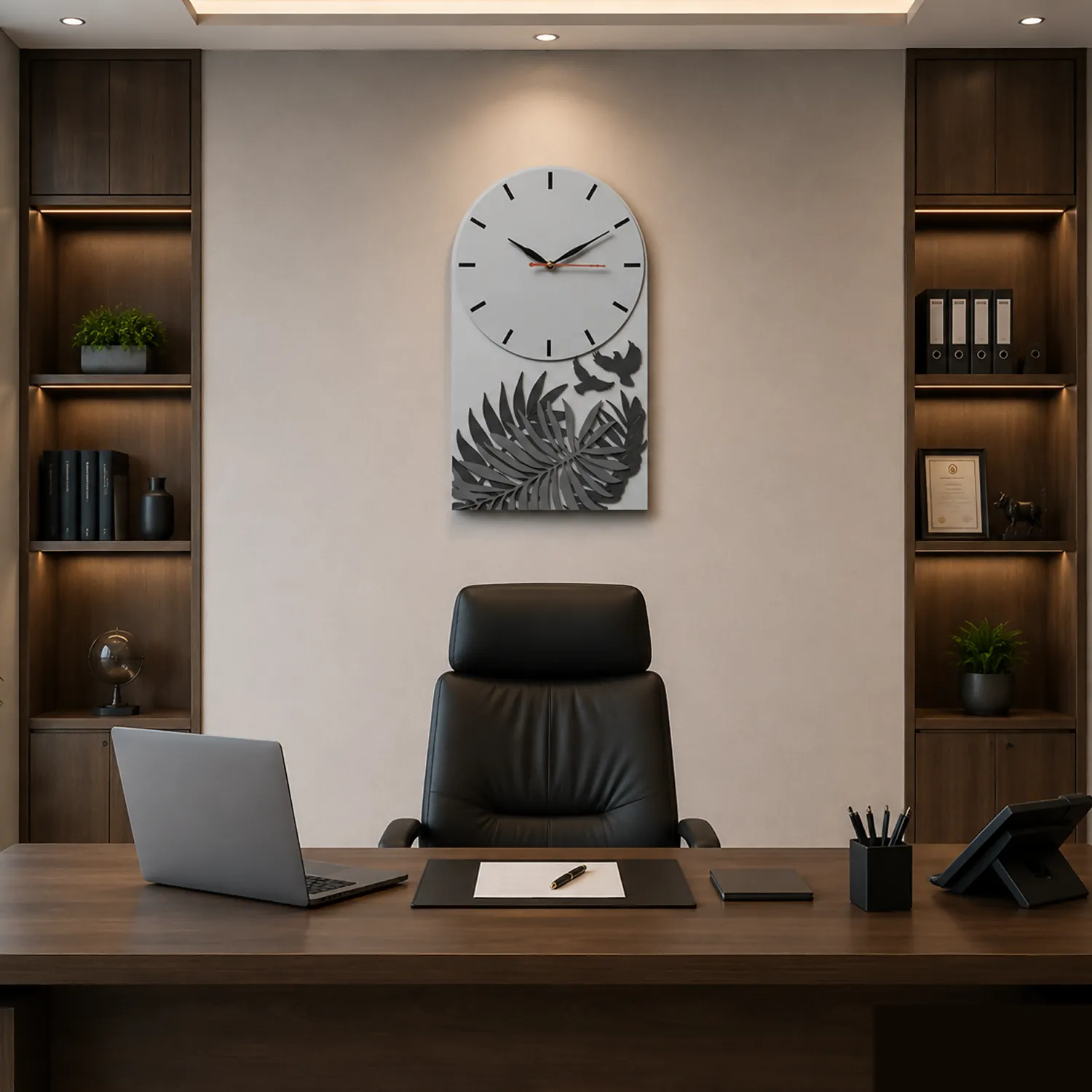 Premium Grey Botanical Designer Silent Wall Clock | Minimalist Decorative Wooden Clock for Living Room, Bedroom & Office - Detailed Feature View 2