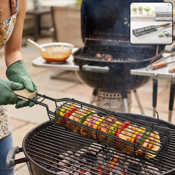 Metal Barbecue Grill Basket with Wooden Handle for BBQ Kebab Veggies (1 Set)
