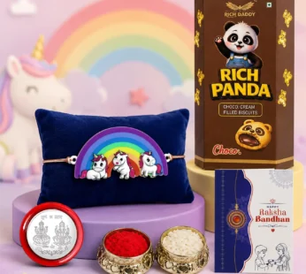 Kids Rainbow Unicorn Rakhi for Brother with Choco Cream Biscuit 60gm, Pack of 5