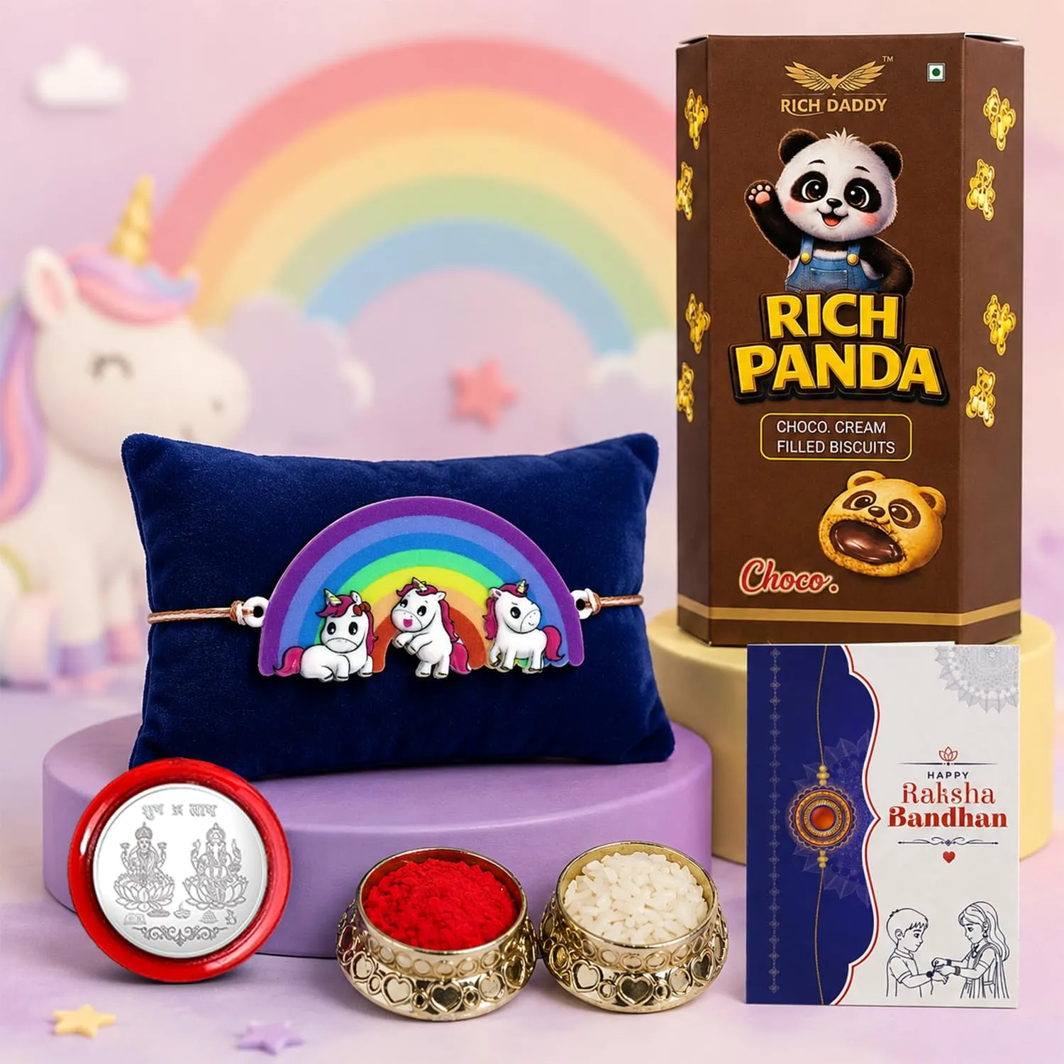 Premium Kids Rainbow Unicorn Rakhi for Brother with Choco Cream Biscuit 60gm, Pack of 5 - Buy Online at Alikart