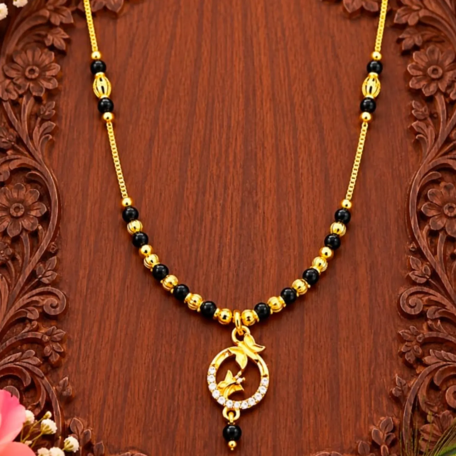 Premium Gold Plated Black Beads Mangalsutra Necklace with Elegant Circular CZ Pendant for Women - Buy Online at Alikart