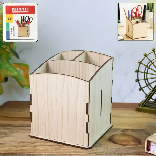 Wooden Pen Stand – Multi-Section Cube Desk Organizer
