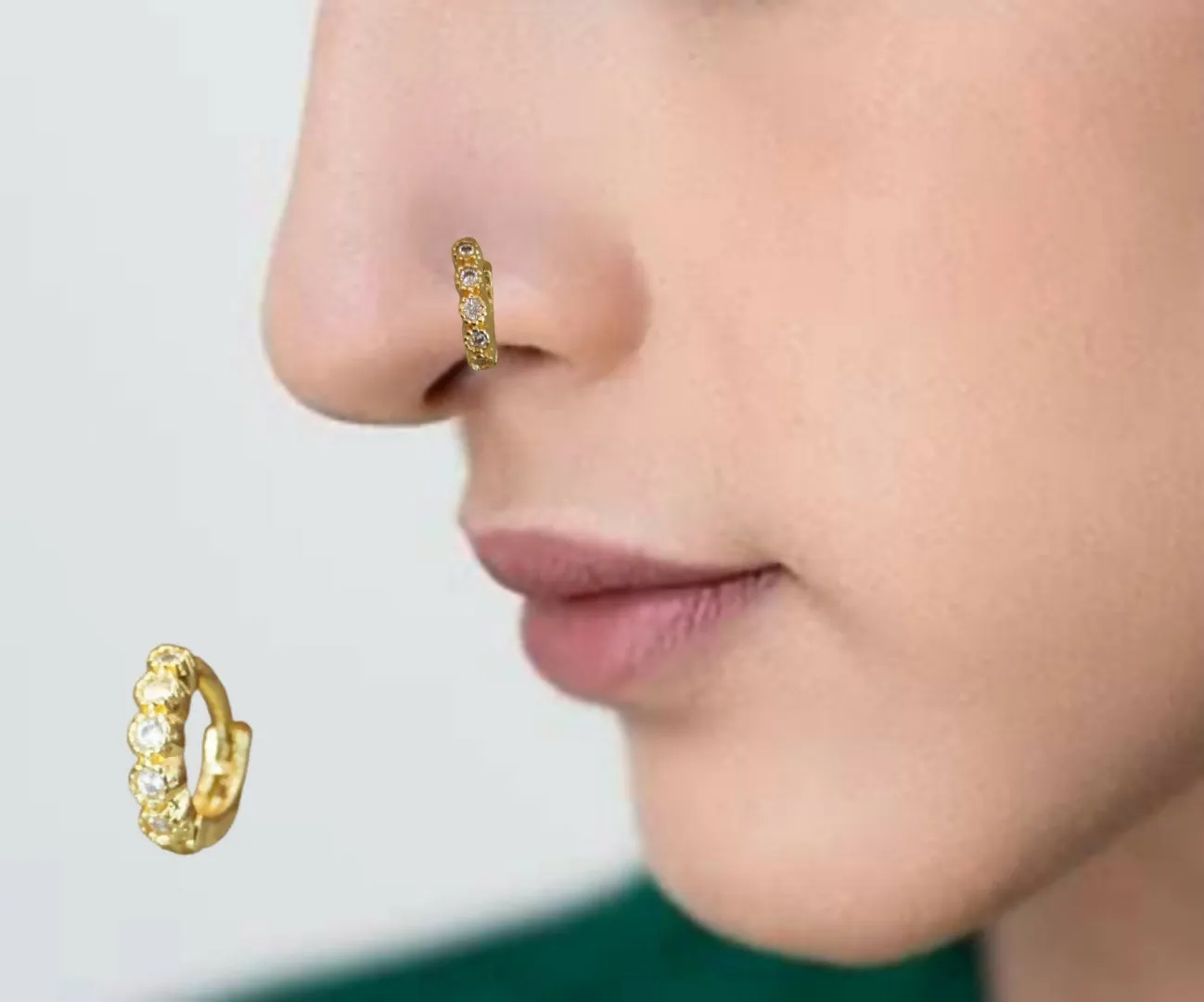 Gold plated Leaf & Crystal Huggie Hoop nosepin for women and girls Combo Pack of 2 - Detailed Feature View 1