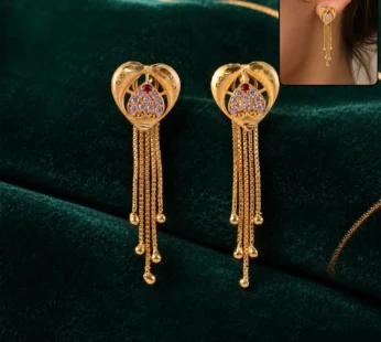 Gold Plated Heart CZ Floral Dangle Earrings with Multi Chain Tassel Drop Design