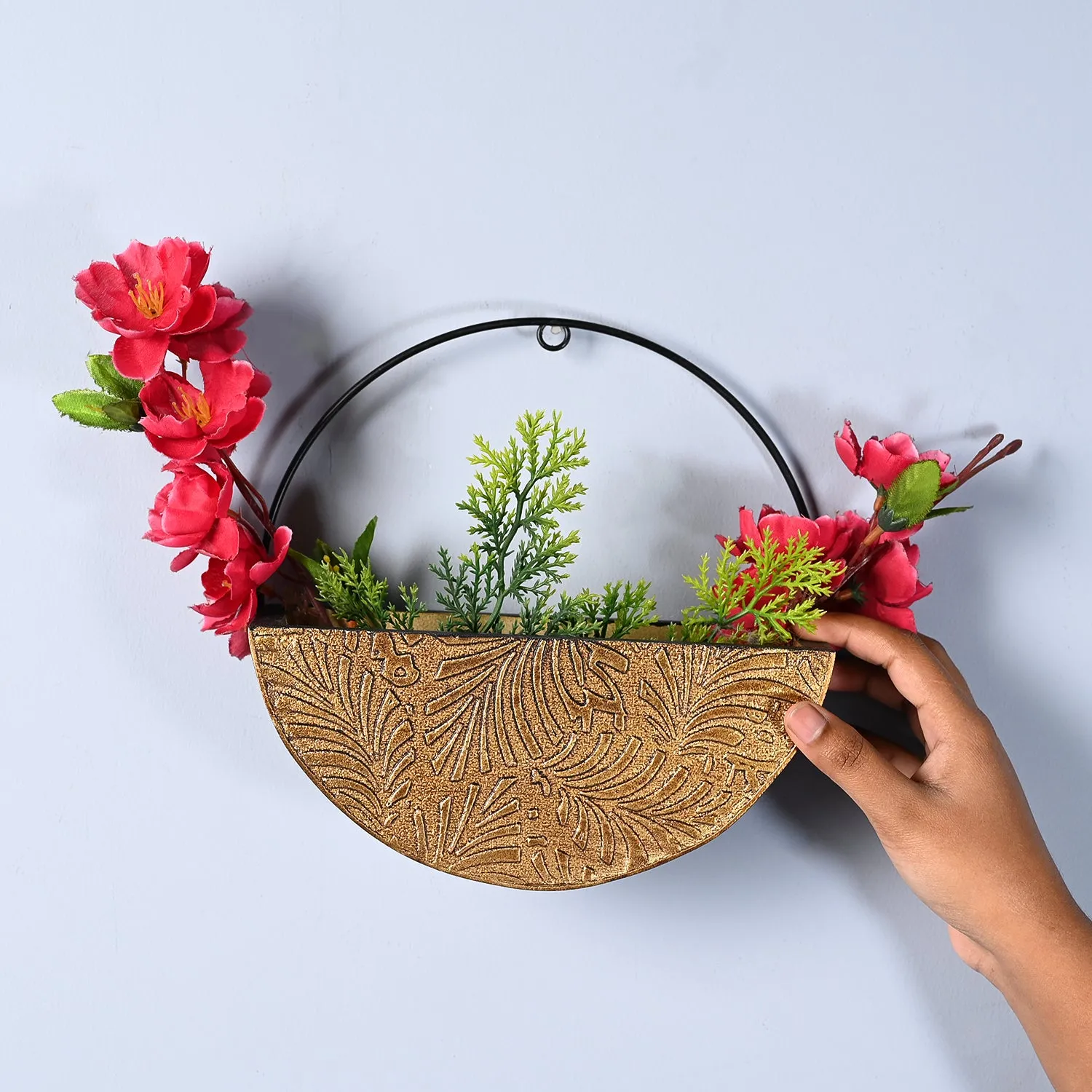 Large Wooden Hanging Planter – Antique Gold Embossed - Detailed Feature View 2