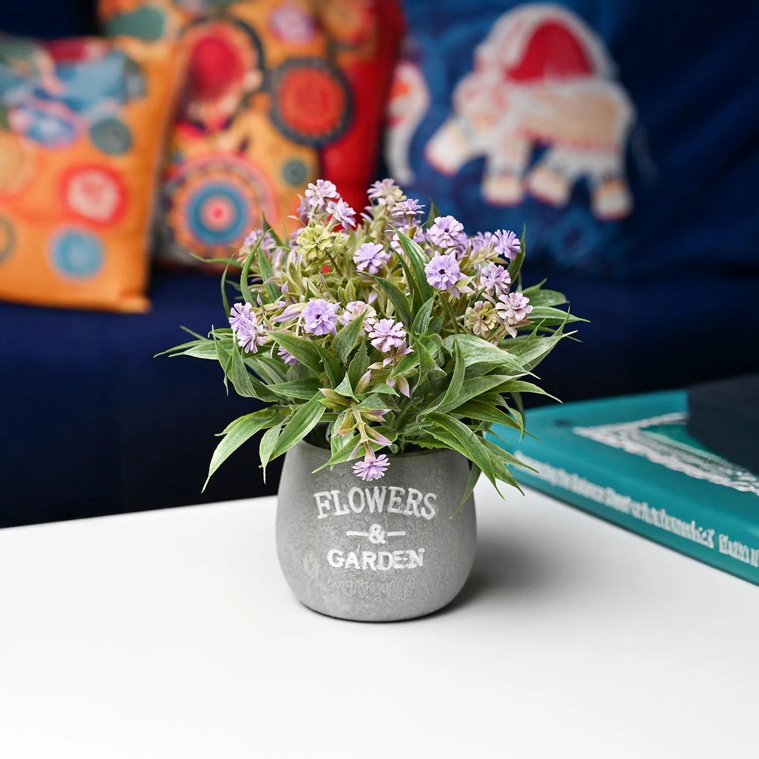 Premium Lavender & Green Artificial Flower with Pot - Cylindrical Shape with "Flowers & Garden" Print - Buy Online at Alikart