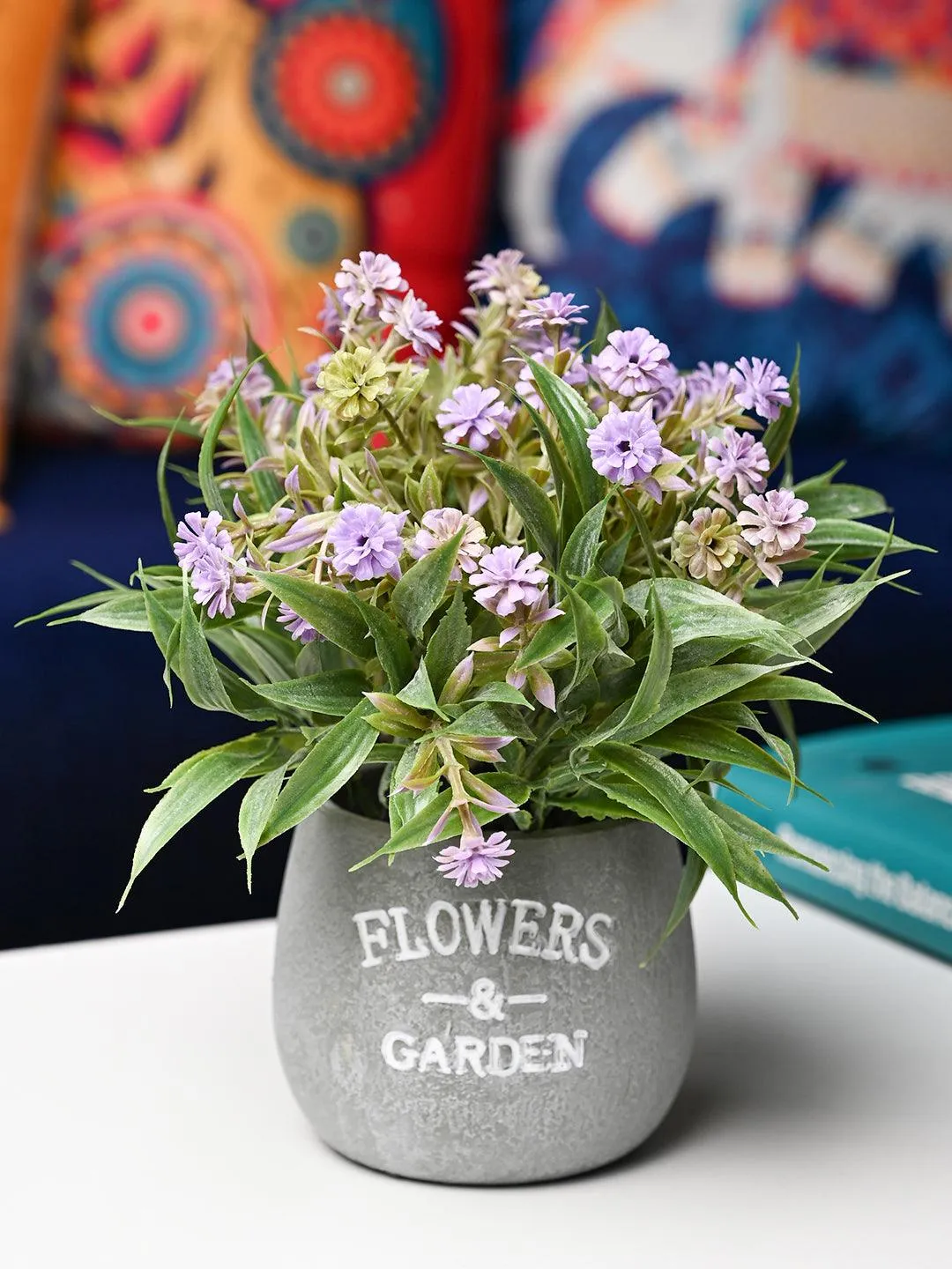 Lavender & Green Artificial Flower with Pot - Cylindrical Shape with "Flowers & Garden" Print - Detailed Feature View 1