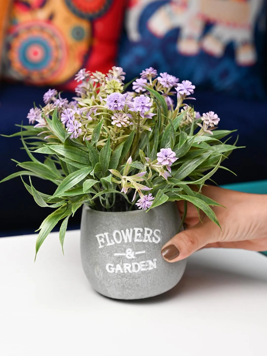 Lavender & Green Artificial Flower with Pot - Cylindrical Shape with "Flowers & Garden" Print - Detailed Feature View 3