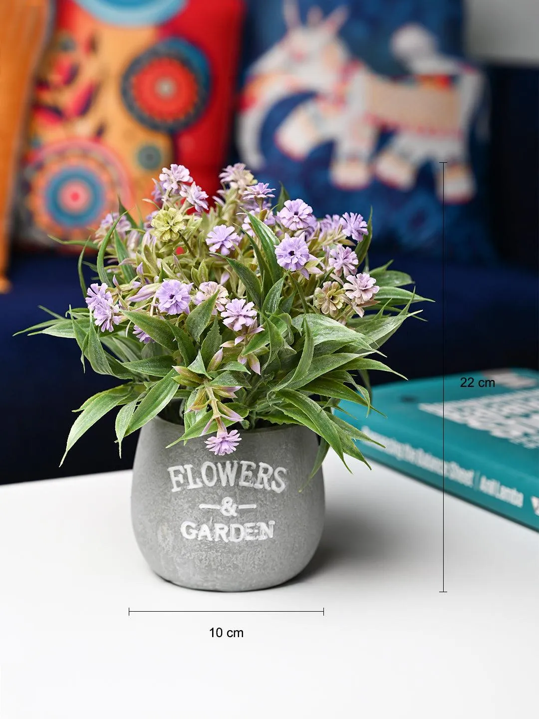 Lavender & Green Artificial Flower with Pot - Cylindrical Shape with "Flowers & Garden" Print - Detailed Feature View 4
