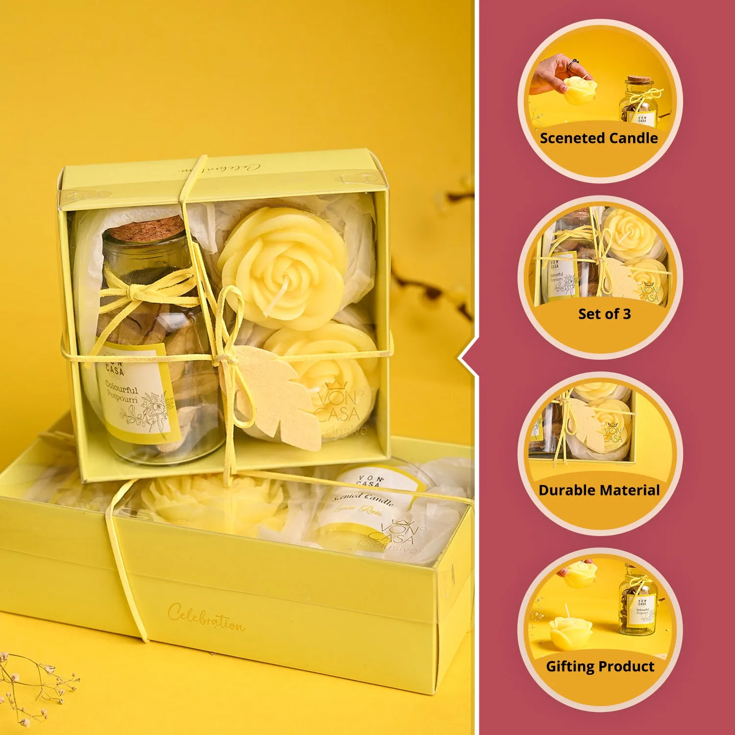 Lemon Rain Flower Candles & Potpourri Set - Detailed Feature View 1