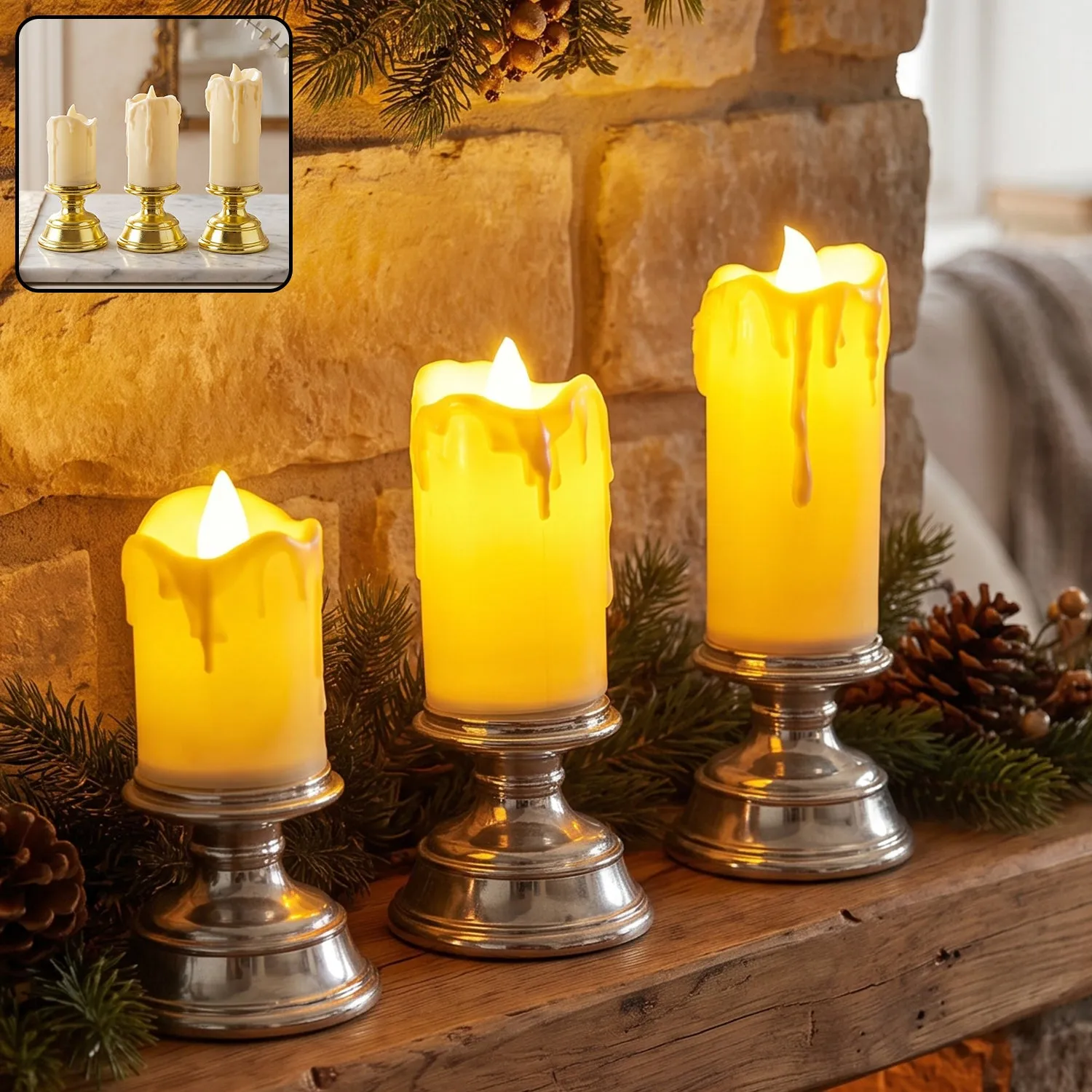 Premium Plastic Flameless LED Candle Set with Pedestal Stand for Decoration (3 Pc) - Buy Online at Alikart