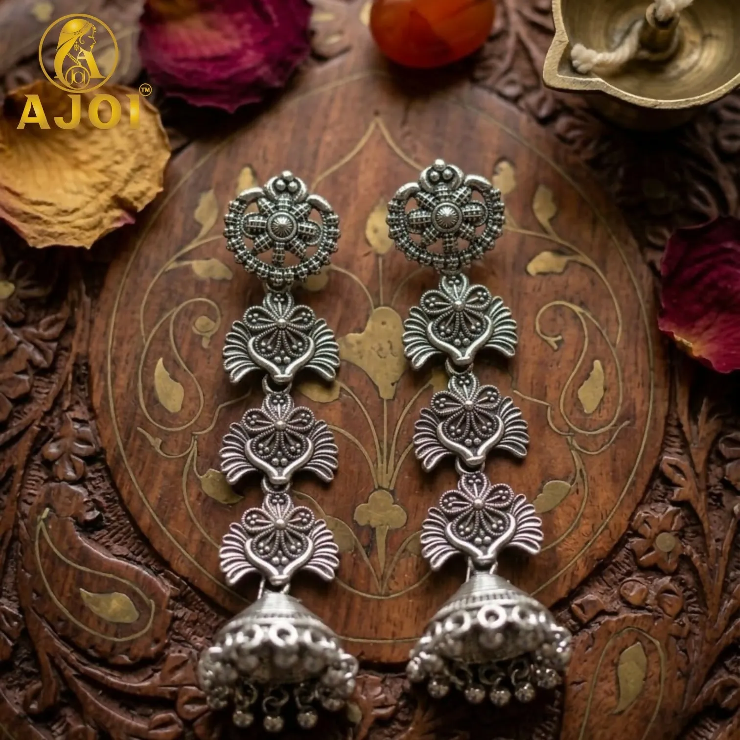 Premium Traditional Oxidized Silver Long Jhumka Earrings for Women Antique Floral Design - Buy Online at Alikart