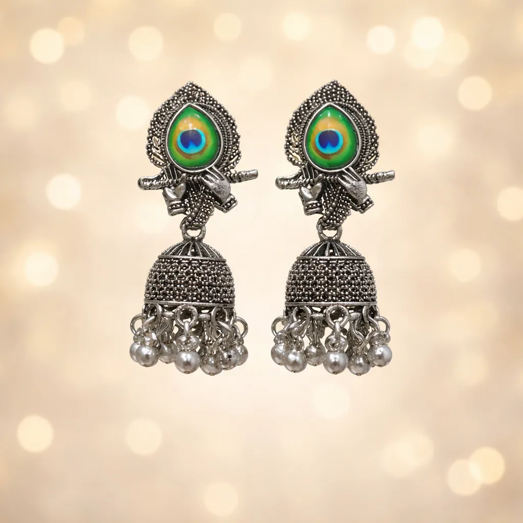 Oxidized Silver Peacock Jhumka Earrings – Traditional & Elegant - Detailed Feature View 1
