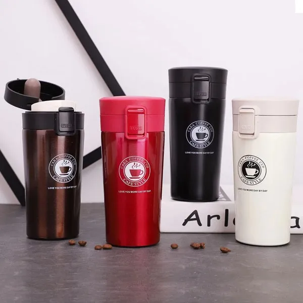 Premium 380ml Thermos Coffee Mug | Vacuum Insulated Stainless Steel Travel Mug with Flip Lid & Mesh Filter | Hot & Cold Tumbler (6 Hours Retention-Random color) - Buy Online at Alikart