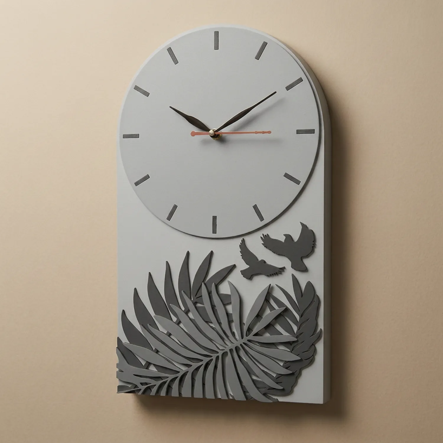 Premium Grey Botanical Designer Silent Wall Clock | Minimalist Decorative Wooden Clock for Living Room, Bedroom & Office - Detailed Feature View 6