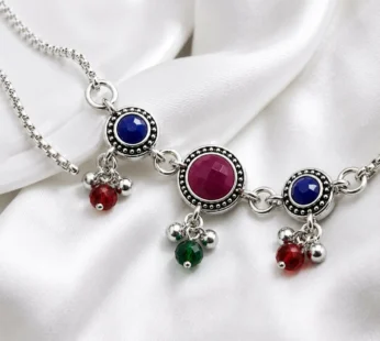 Oxidized Silver Multi-Gemstone Adjustable Bolo Bracelet with Ruby, Sapphire & Emerald-Tone Crystal Dangles