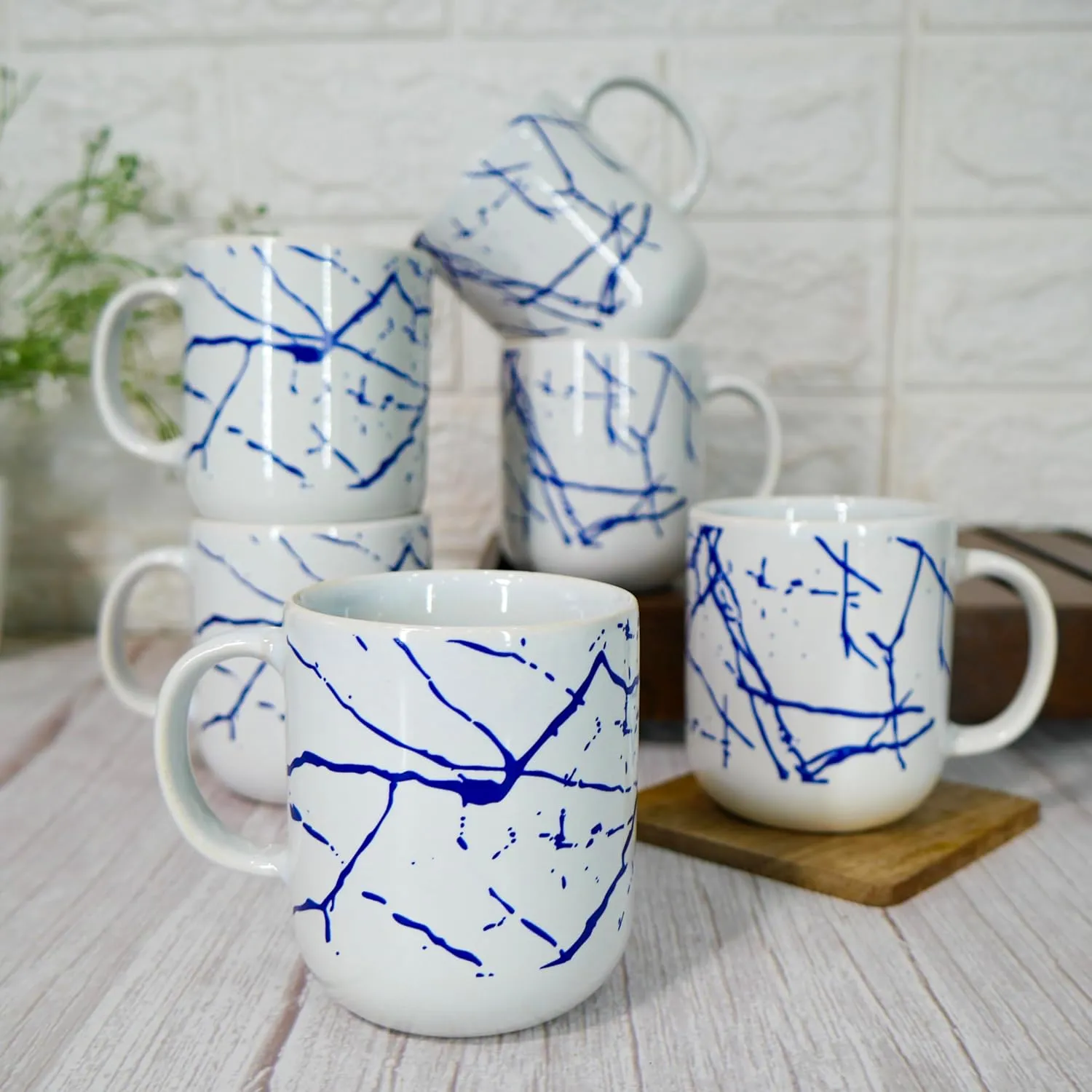 Marble Print Design Ceramic Coffee Mug, Tea Cups, Stackable, Chip Resistant, 180 ML, Pack of 6, - Detailed Feature View 2