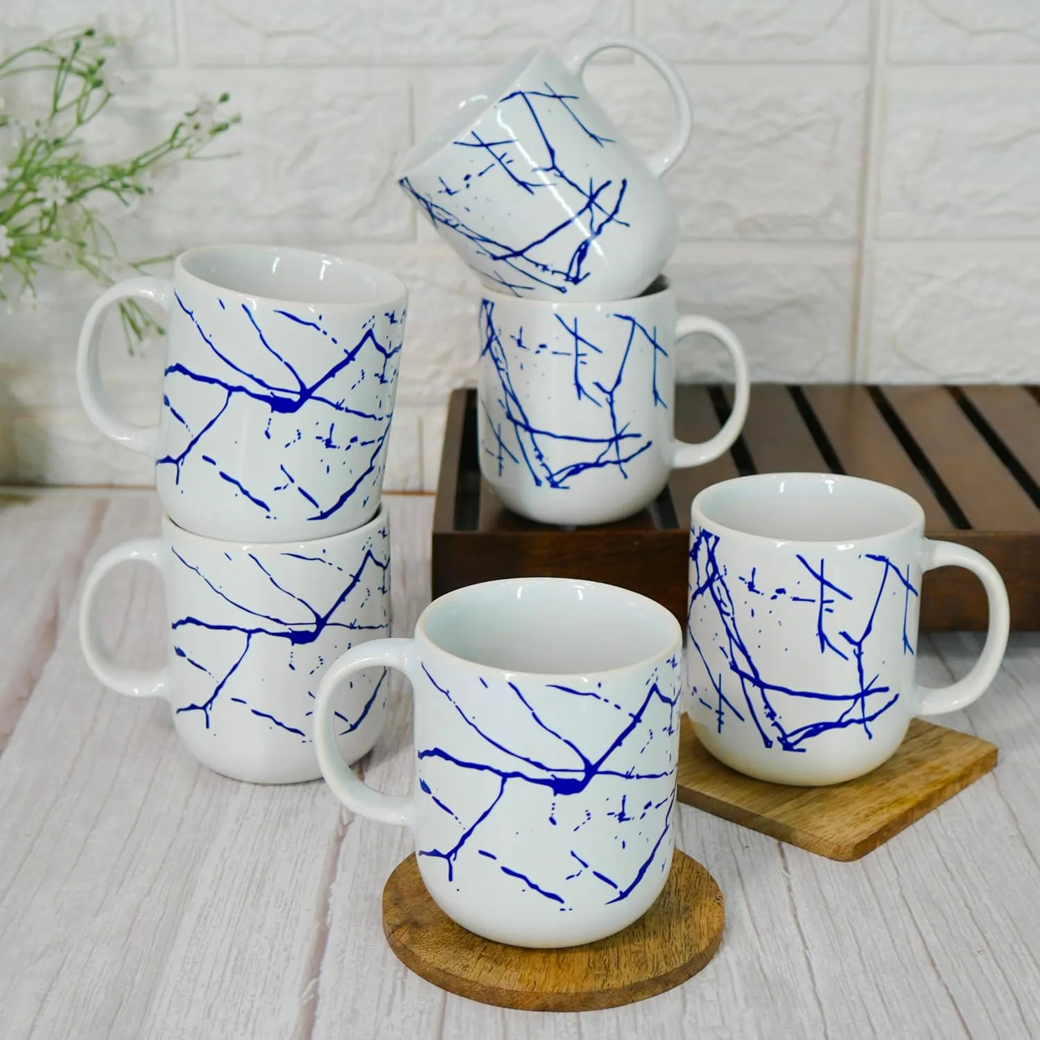 Marble Print Design Ceramic Coffee Mug, Tea Cups, Stackable, Chip Resistant, 180 ML, Pack of 6, - Detailed Feature View 3