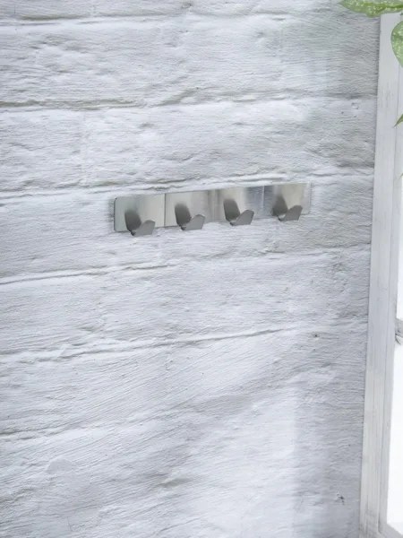 Metal Sticky Hook Bar with 4 Knobs Self Adhesive Back, Silver, Stainless Steel