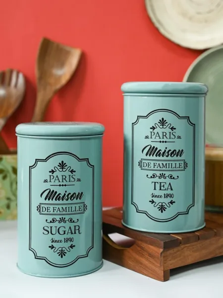 Metal Tea & Sugar Jar Set – Green & Each 900 Ml