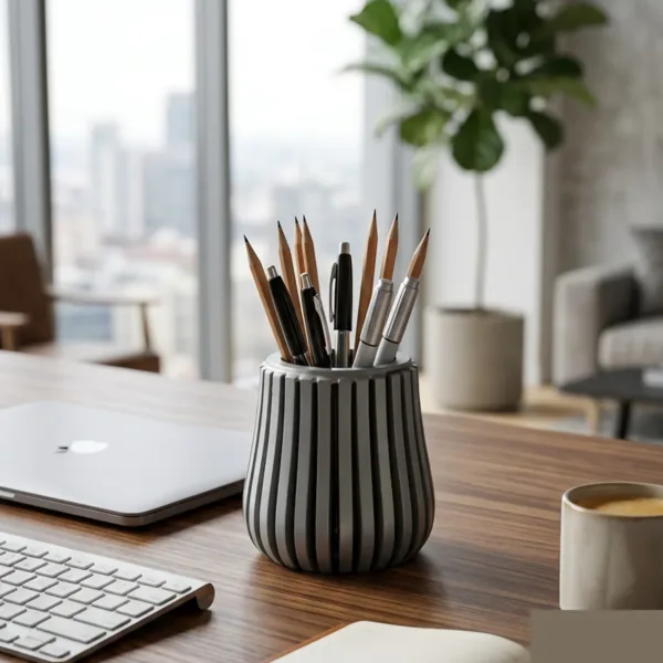 Wooden Pen Holder – Modern Grey MDF Desk Organizer for Office