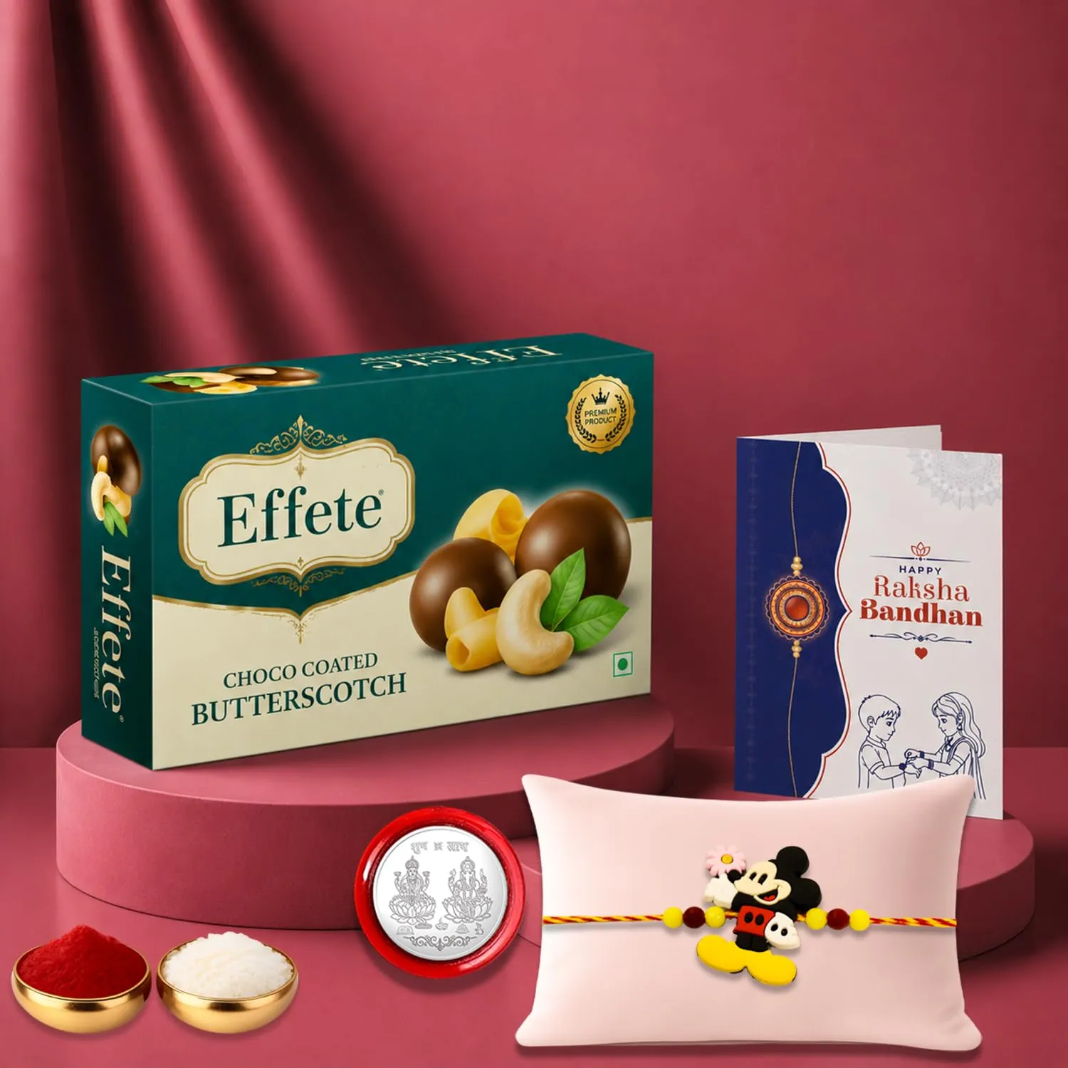 Mickey Rakhi for Brother with Butter Scotch 32gm, Roli Chawal & Card, Pack of 5 - Detailed Feature View 1
